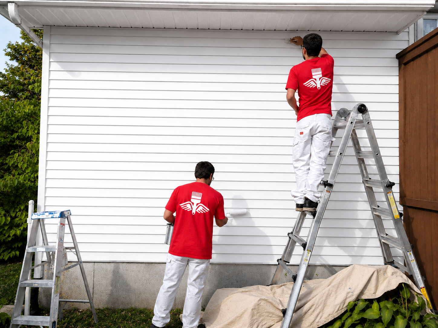 Two Flying Colours Painting crew members in branded red shirts painting a blue exterior wall